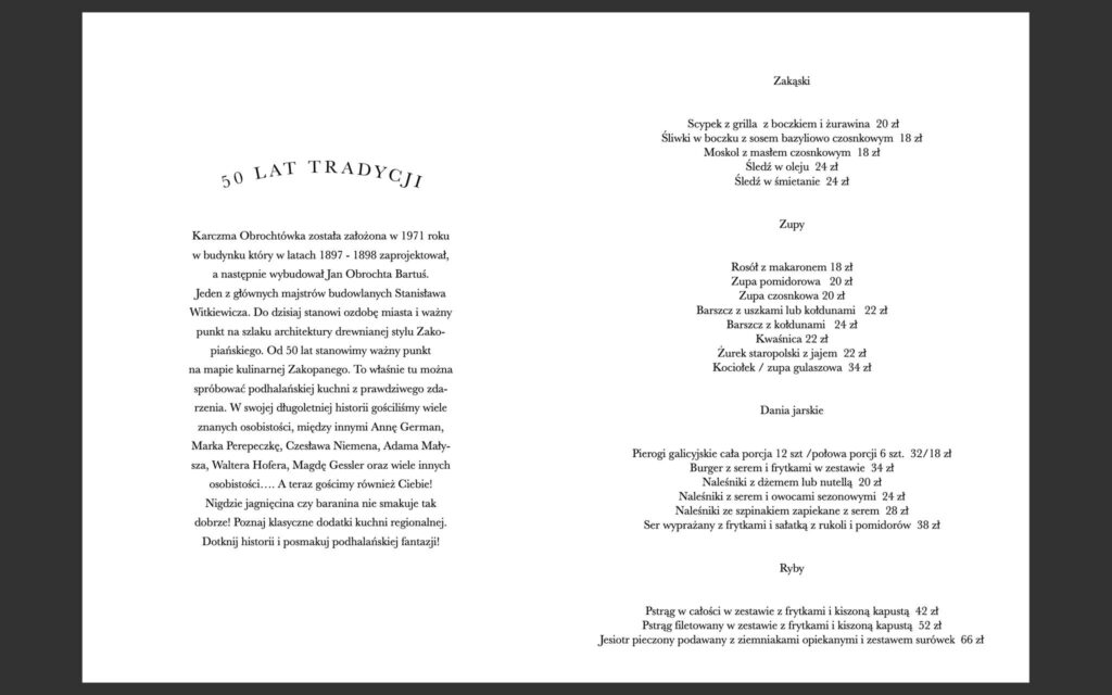 Obrochtówka Menu Zakopane